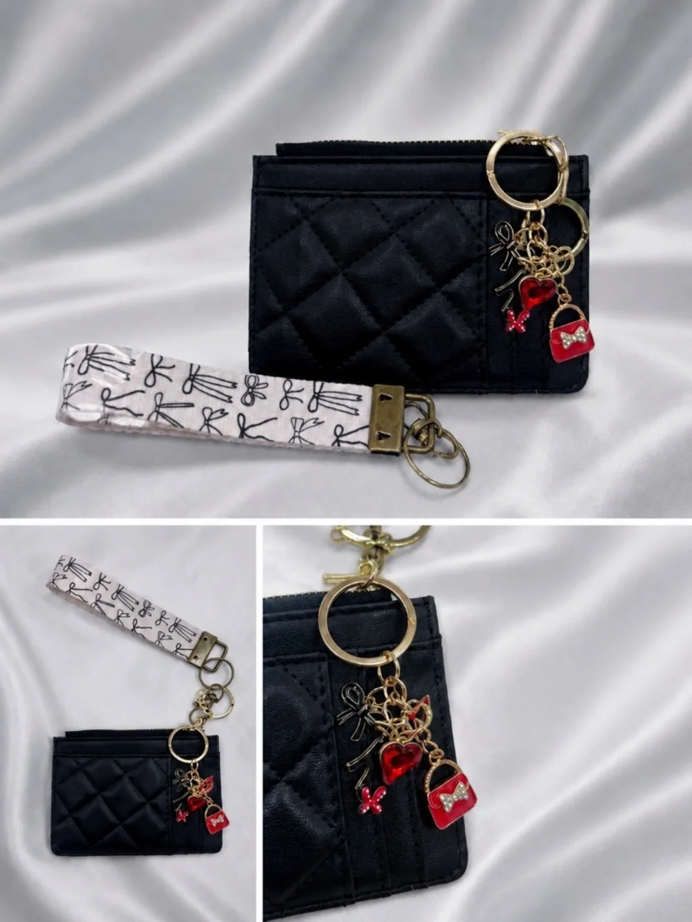 Black Quilted Card Holder Wallet Keychain Wristlet Charm Set